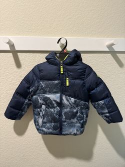 Kids Winter Puffer Jacket Navy Blue Mountain Pattern Neon Yellow - Size 4T