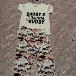 2pcs Baby's "Daddy's Fishing Buddy" Print Bodysuit & Hat & Fish Pattern Pants Set, Toddler & Infant Girl's Clothes For Daily Wear