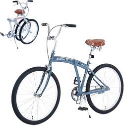 26 in. Beach Cruiser Folding Bicycles With Single Speed and Carbon Steel Frame for Men and Women's in Blue [ Open Box]