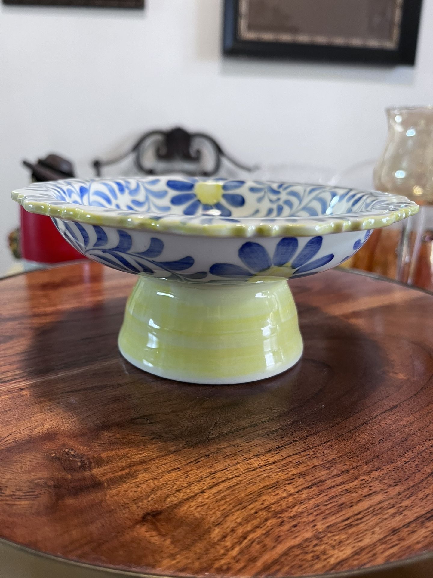 Andrea Sadek 6" Wide By 3" Tall Decorative Pedestal Blue And Yellow Floral  Bowl