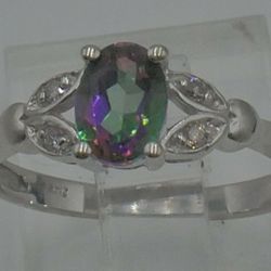 14kt white gold fashion ring with oval multi color stones with 4 diamonds 2.2 gr size 7.25 pre owned  834555-2. 