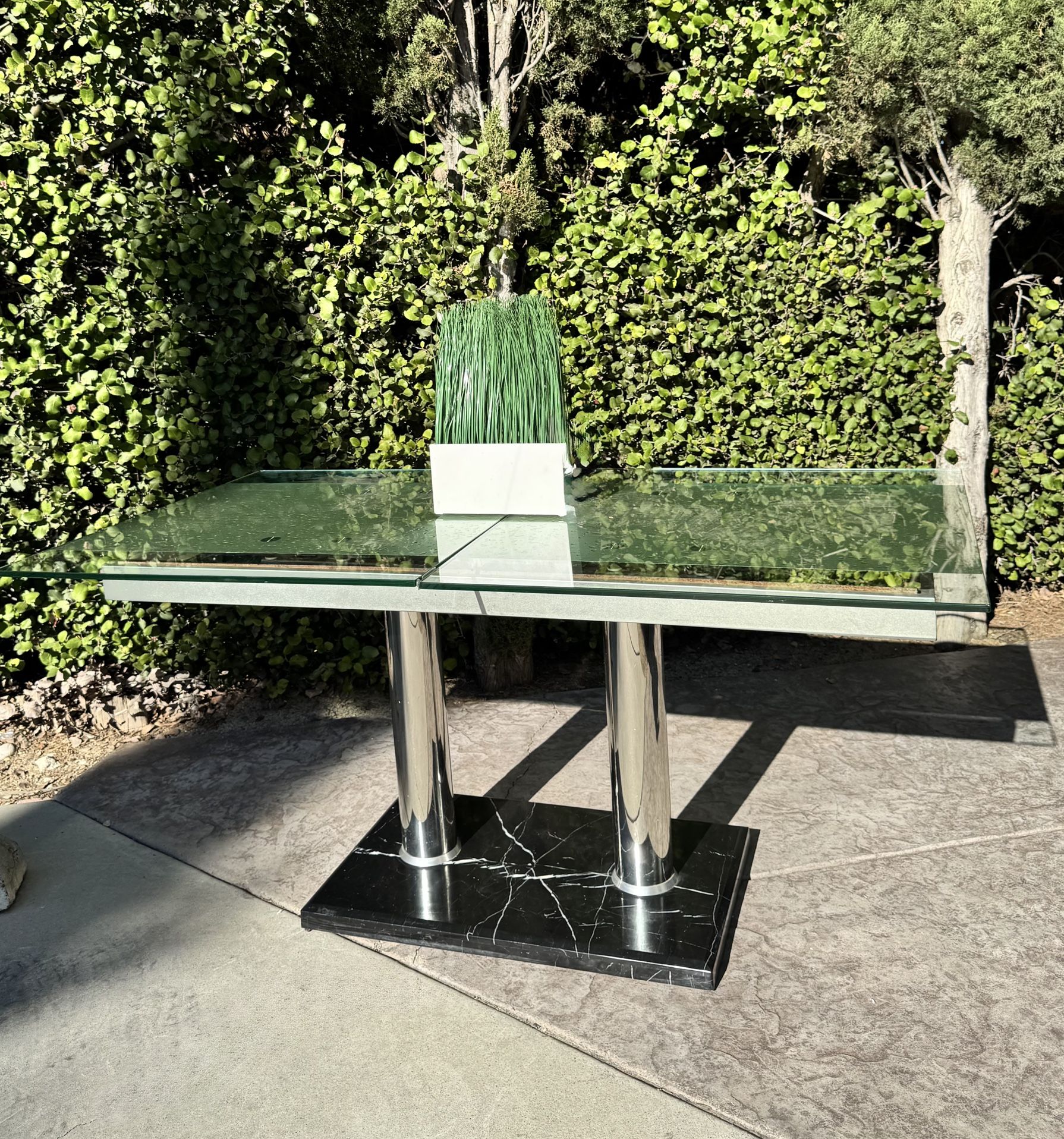 Modern Glass Desk Console Table Travertine Marble Base Chrome