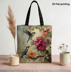 Hummingbird Floral Print Canvas Tote Bag
