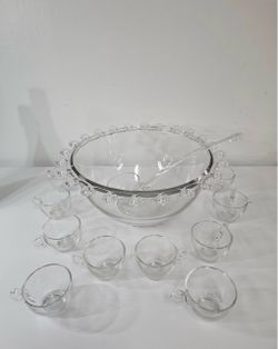 Vintage Beaded Rim Glass Punch Bowl Set