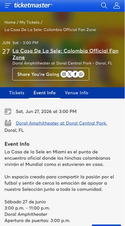 🇨🇴 ¡Vendo 2 tickets para La Casa de la Sele - Colombia Official Fan Zone! 🇨🇴