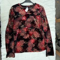 Red velvet floral long sleeve top(medium)
