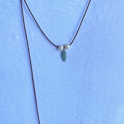 Leather Choker With Freshwater Pearls And Verdigris Patina Feather Pendant 