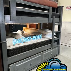 Triple Grey Bunk Bed With Trundle And Mattresses Trundle 