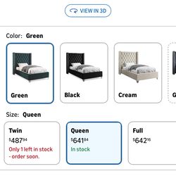 Queen Bed (Upholstered, velvet green)