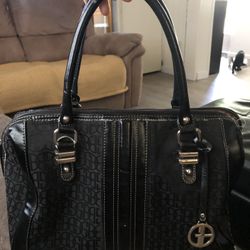 Giani Bernini black monogram satchel handbag with patent leather trim and silver-tone hardware