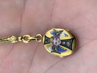 Antique Solid 18K Gold Pocket Watch Chain Unique Links w/Fob Photo locket 4 Inch