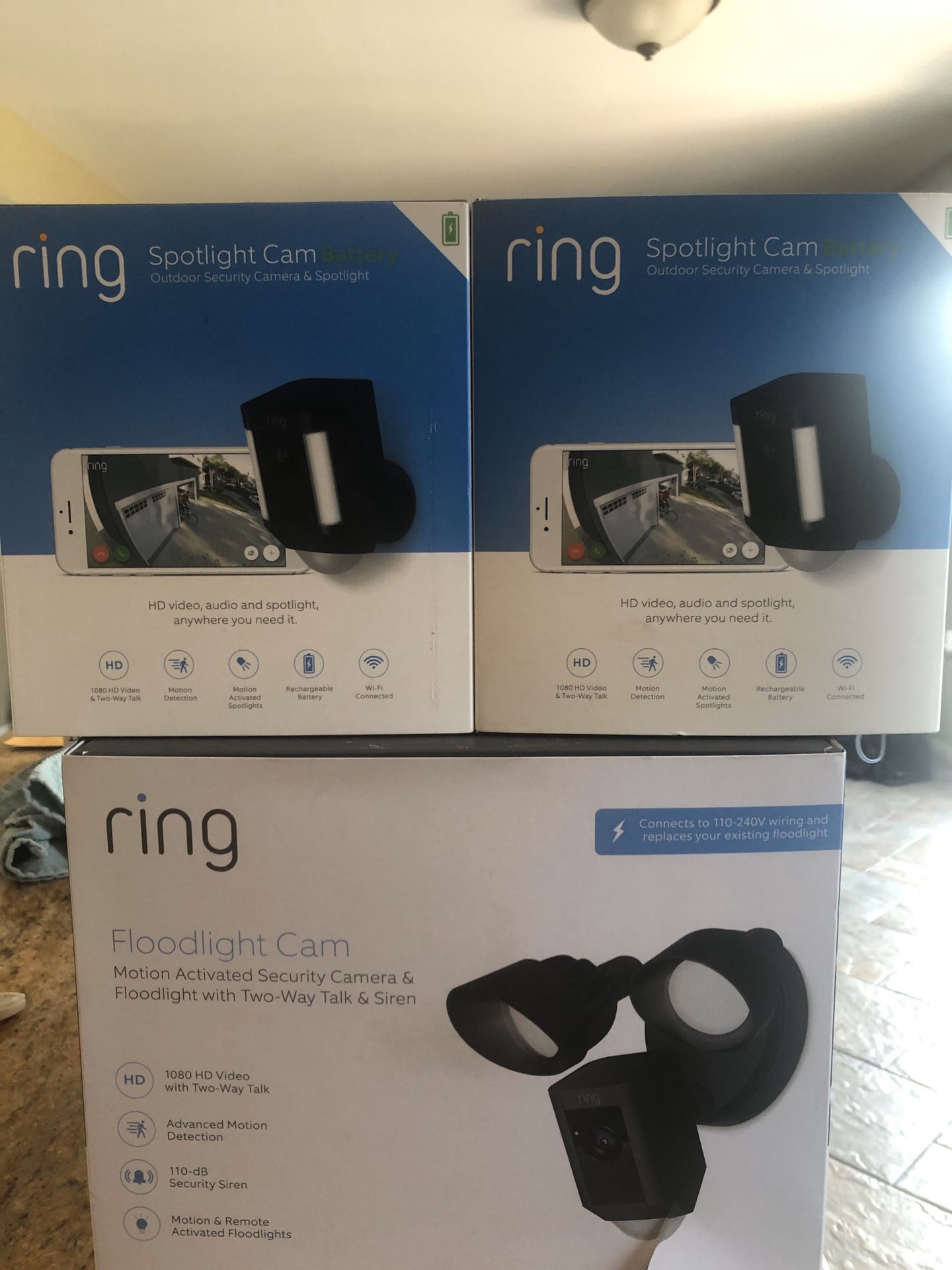 Ring Floodlight Camera and 2 Ring Spotlight Cameras brand new. $450 for all 3