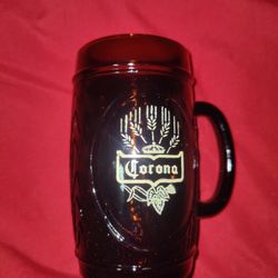 Vintage Corona Beer Glass brown Barrel Bar Mug Stein Double Sided White Logo Cup