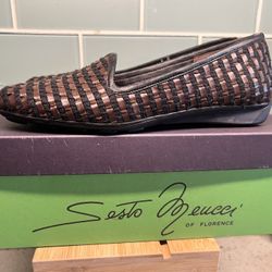 Sesto Meucci Womens Flats Sz 6N Black Woven Leather Shoes Made In Italy Pull On