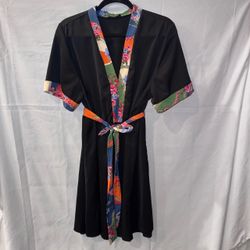 SHEIN Black Kimono Dress with Floral Trim