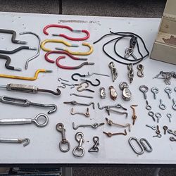 Approx. 100 Hooks, Hangers, Swivel Hooks, Carabiners, Pullies, Turn Buckles, Cotter Pins & Lanyards