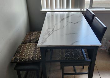 Dining Table Set with 2 Chairs & Bench – Marble Look