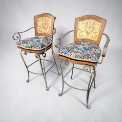 Vintage Pair of Ornate Heavy Iron Swivel Bar Stools