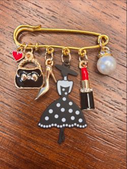 New Adorable Handmade Gold Safety Pin Brooch Lipstick Pearls