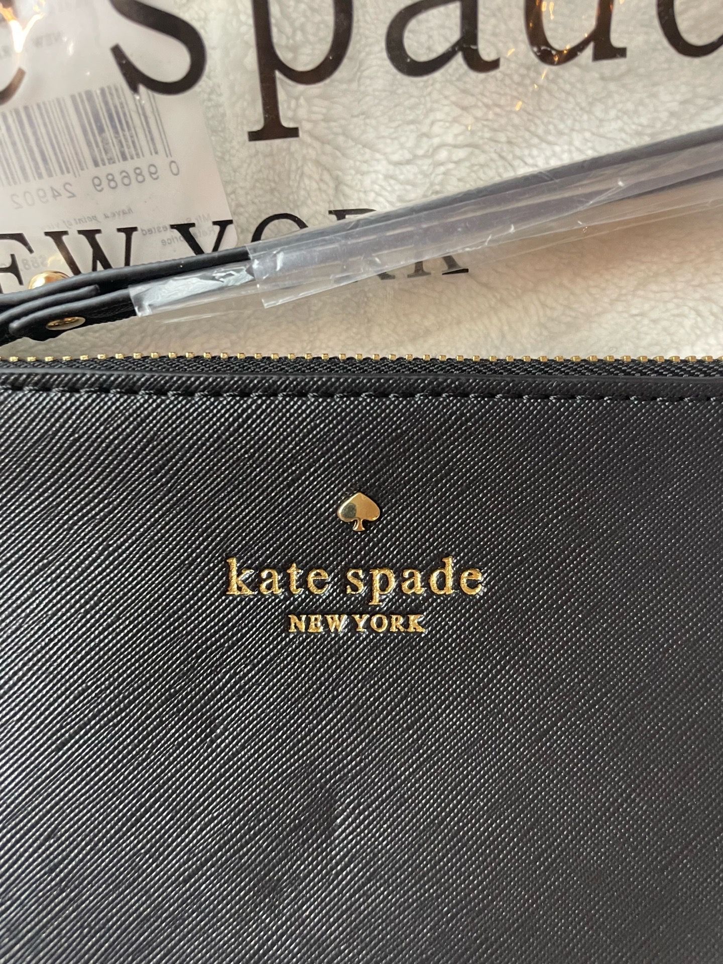 Kate Spade New York Black Wristlet Pouch with Logo Accent, Gold Hardware