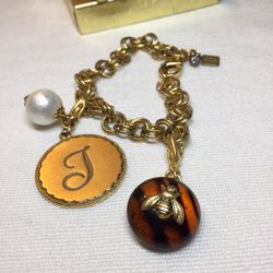 Designer John Wind Sorority Gal Script Letter T Coin, Queen Bee, and Cotton Pearl Charm Bracelet