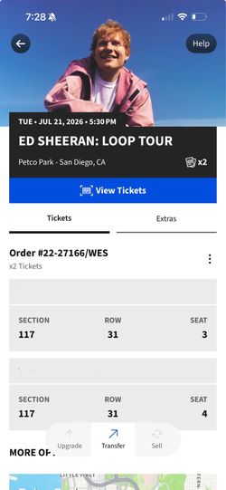 2 Tickets for $150 •ED SHEERAN - LOOP TOUR - Petco Park. TU/JULY 21 5:30 PM