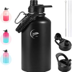 New! 64 oz Insulated Water Bottle,Vacuum Stainless Steel Water Bottle with Straw Lids and Spout Lids,Paracord Handle, Double Wall Leak Proof Without B