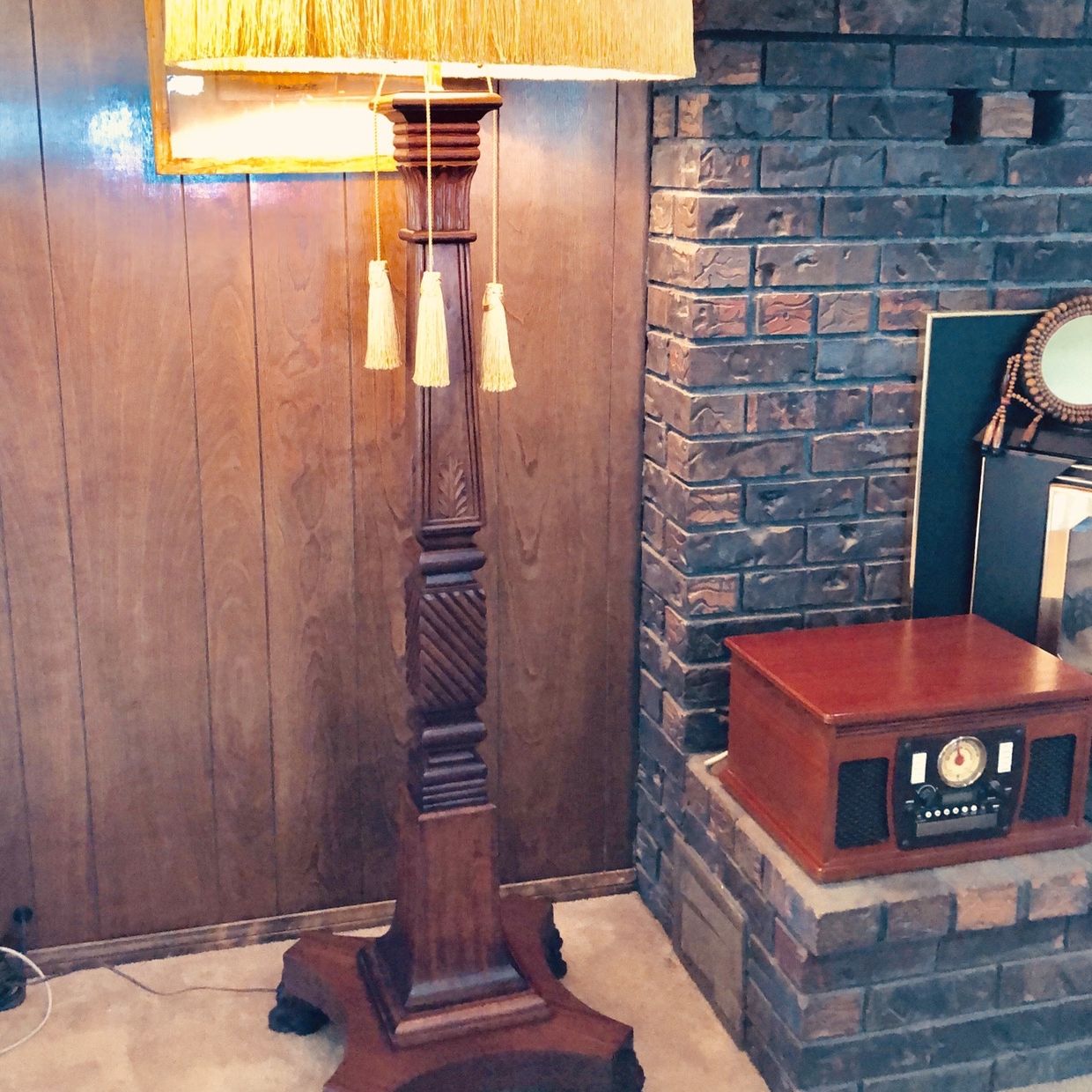 6’2” Tall Antique Mahogany Floor Lamp W Gold Shade