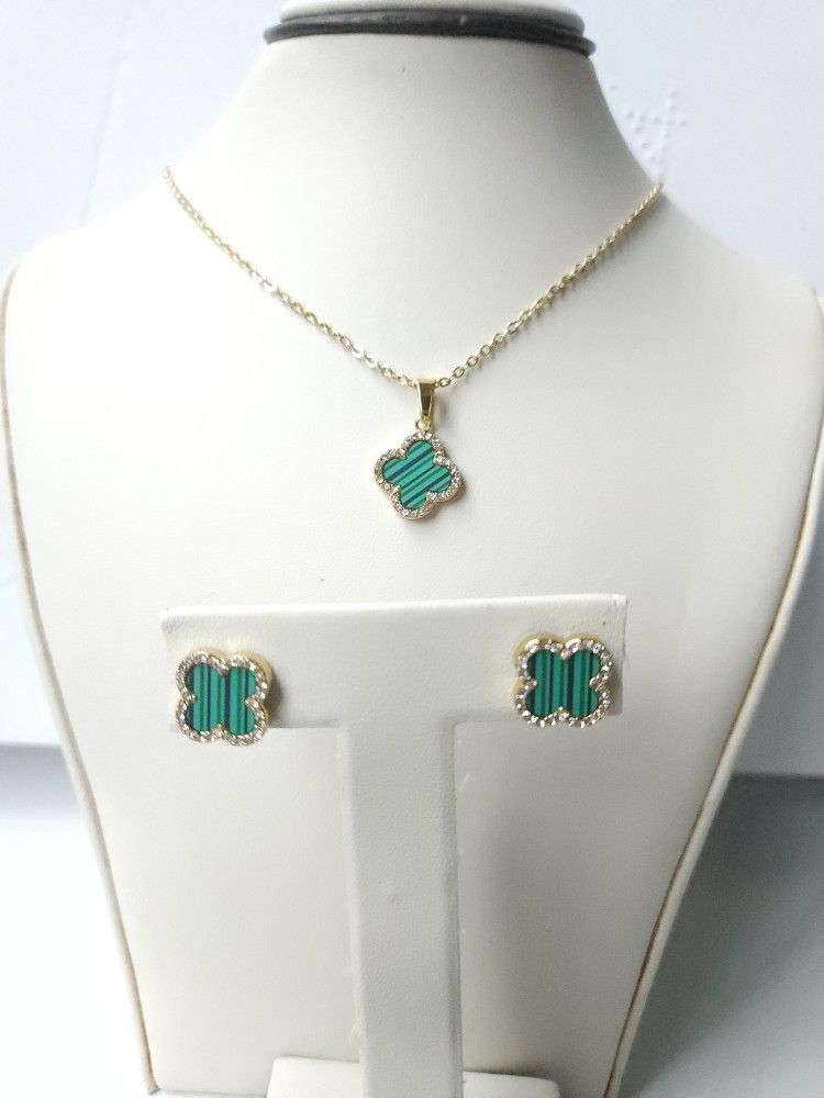 Green Stainless Steel Clover Earring & Pendant Set