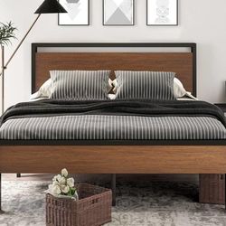 🌊 14 Inch King Size Metal Platform Bed Frame with Wooden Headboard and Footboard, Mattress Foundation, No Box Spring Needed, Large Under Bed Storage,