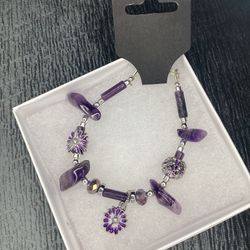 Purple Flower .925 Silver Charms Genuine Hematite And Amethyst Stone Beaded Charm Bracelet