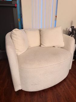 White Bouclé Swivel Barrel Chair