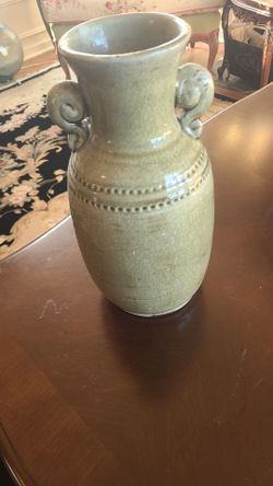Green Ceramic Vase Mallet crackle Longquan Kinuta repro Asian Handle Decor Urn boho