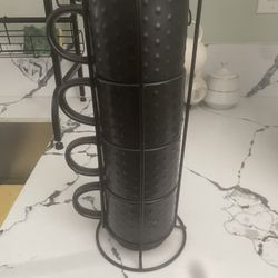 4 Black Mugs With Holder 