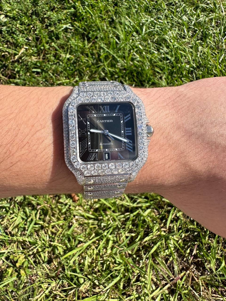 Cartier Santos Large Green dial diamond set watch Bussdown iced out ...