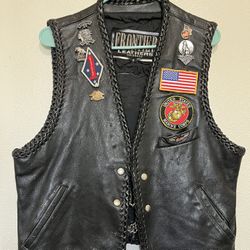 LEATHER VEST WITH REMOVABLE CHAINS (VINTAGE PINS AND PATCHES INCLUDED)