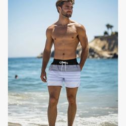 Men's Swim Trunk 5" with Compression Liner 5 Inch Quick Dry Board Shorts Zipper Pocket- LARGE