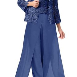 3 Pieces Mother of The Bride Dresses Pant Suits Chiffon Evening Formal Dress for Wedding Guest Groom Dresses Lace Jacket