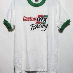 Vintage  1980  Castrol GTX Motor Oil Racing Ringer t-shirt  unisex adult  size L USA MADE