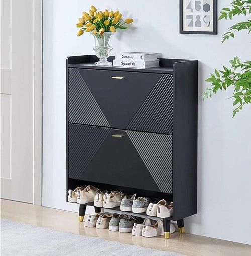 Shoe Cabinet with 2 Flip Drawers, Freestanding Shoe Rack with Open Shelves Modern Shoe Storage Cabinet for Entryway Hallway Mudroom Bedroom Living Roo