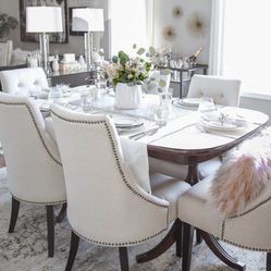 Four linen beige upholstered tufted dining chairs from world market