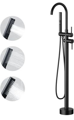 Free Standing Bathtub Faucet Set: SR SUN RISE Floor Mount Tub Filler with 3-Function Handheld Shower Head, Matte Black High Flow Brass Freestanding Sh
