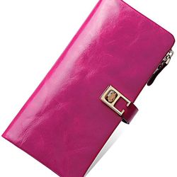 Women's RFID Blocking Leather Trifold Wallet Clutch Purse Cash Card Holder Organizer Rose Red