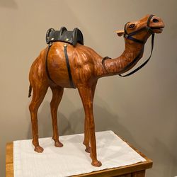 Vintage Leather Camel with Harness & Saddle – Large Decorative Figurine
