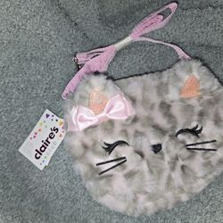 Claire's Club Furry Pink Cat Crossbody Bag and Ty Fashion Beanie Boos Cassidy the Lavender Cat mini crossbody purse
