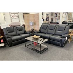 2-Pieces Breathable Air Leather Material Faux Leather Power Recliners Sofa Set with USB