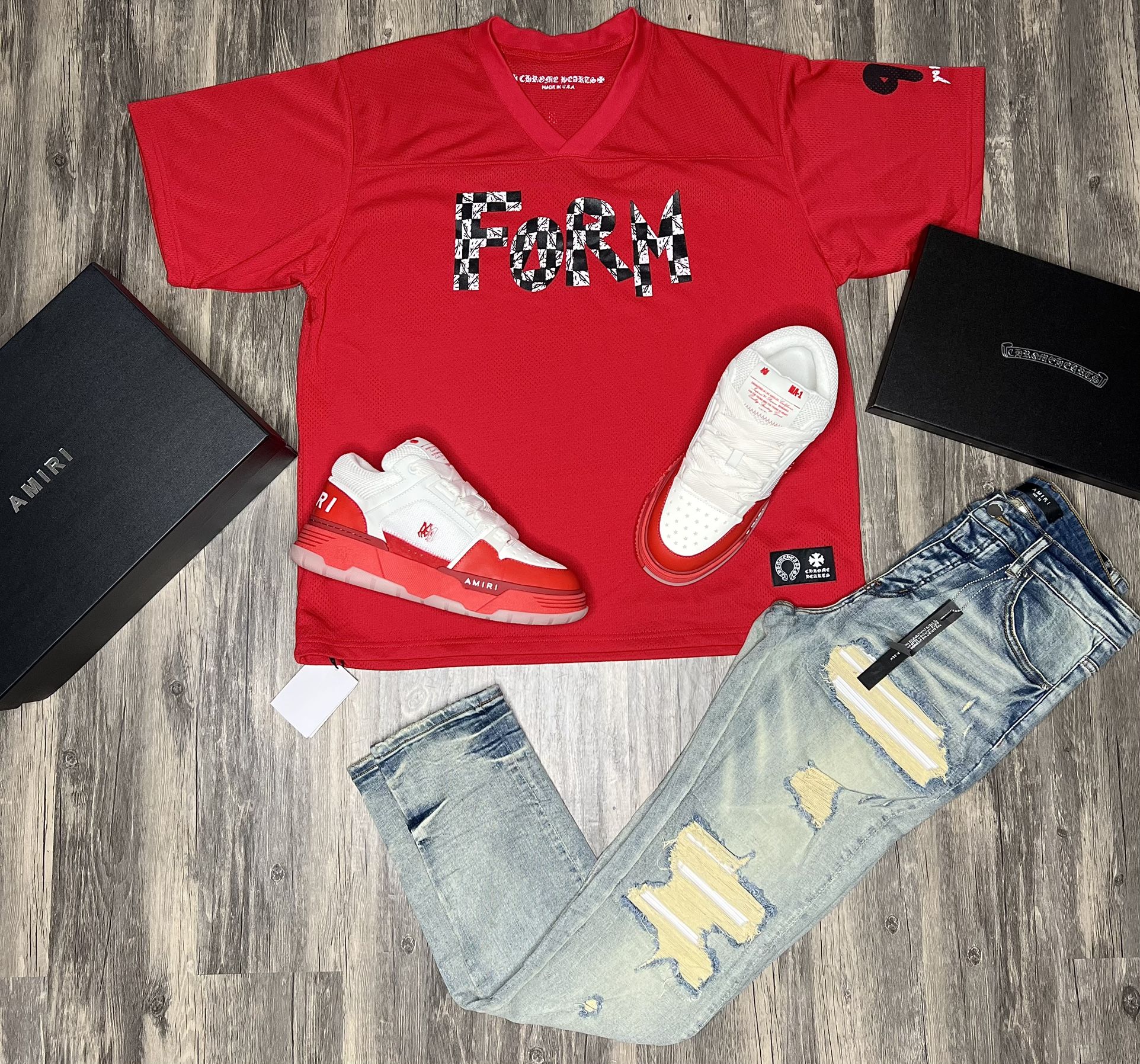 Chrome Heart Jersey, Amiri Jeans, And Amiri Shoes Brand New With Box And Dust Cover 