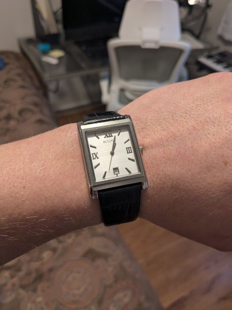 Silver Black Leather Dress Watch
