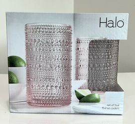 Brand New Box of 4 Halo 15oz Hobnail Pink Thick Drinking Glasses