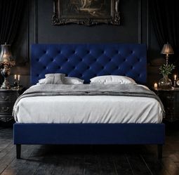 Queen Faux Leather Bed Frame with Headboard, Navy Blue
Upholstered platform bed with wooden slat support, no box spring needed.